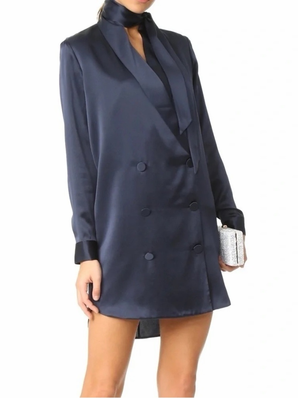 Black Silk Tie-Neck Double-Breasted Dres